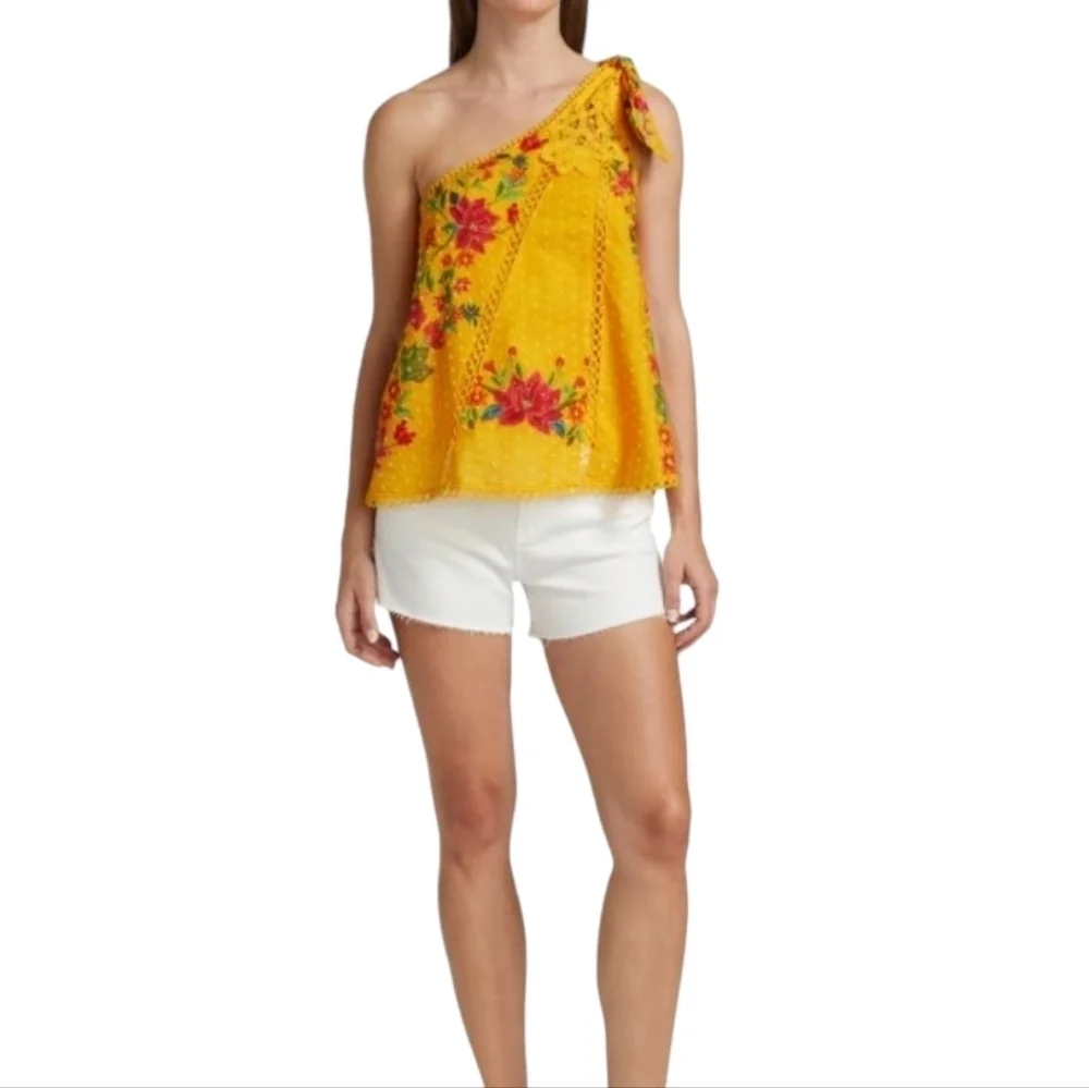 Farm Rio Yellow Flower Dream Embroidered One-Shoulder Blouse - Size Small - Picture 2 of 8